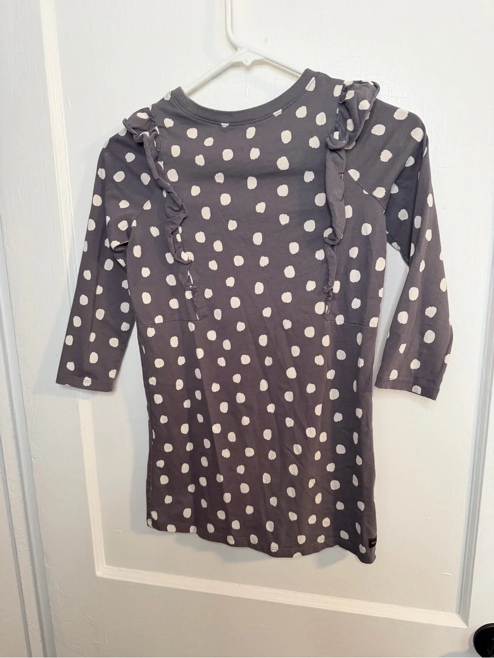 Tea Collection Gray Dress with White Polka Dots and Ruffle Detail